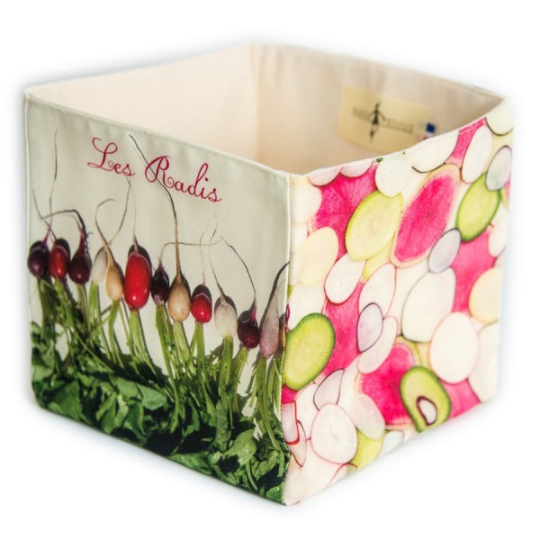 Kitchen vegetable box The Radishes by Maron Bouillie white background front and side view - 
made in France Fabric basket