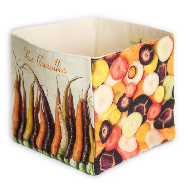 Kitchen vegetable box The Carrots by Maron Bouillie - white background front and side view - made in France Fabric basket