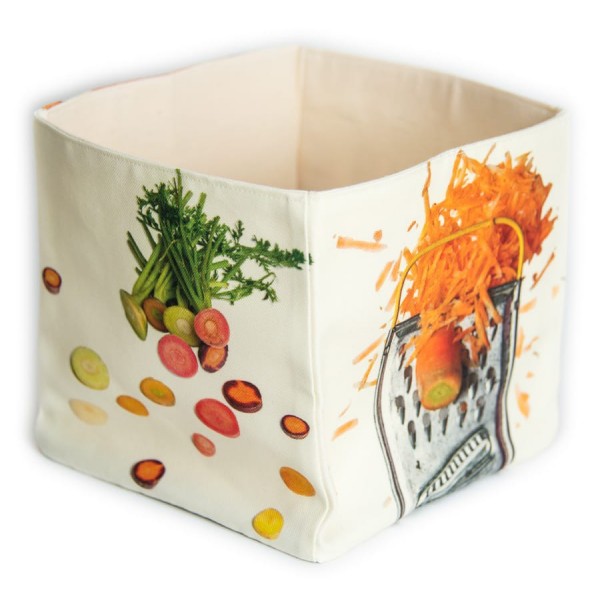 Kitchen vegetable box The Carrots by Maron Bouillie - white background back and side view - made in France Fabric basket