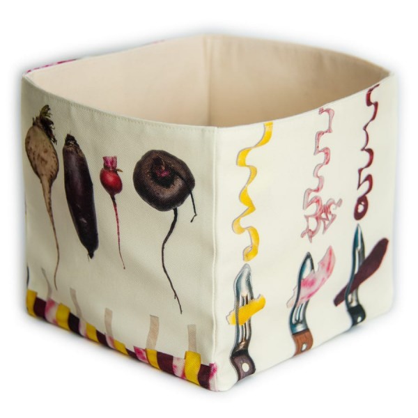 Boite de rangement cuisine Les Betteraves de Maron Bouillie - fond blanc vue dos et côté - Panier en tissu made in France