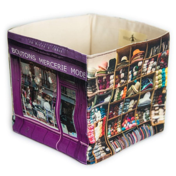Boite de rangement couture Paris Mercerie vintage - vue face côté fond blanc - Maron Bouillie made in France