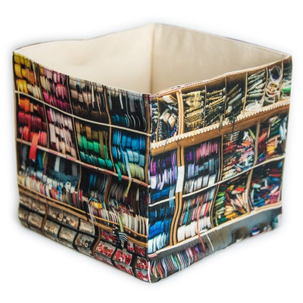 Panier de rangement deco couture Paris Mercerie vintage - vue dos côté fond blanc - Maron Bouillie made in France