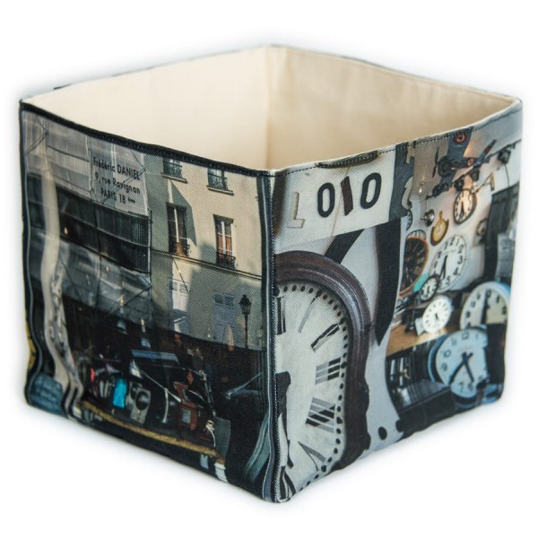 Storage fabric basket Paris Zut antiques shop - back side view white background - Maron Bouillie made in France home decoration