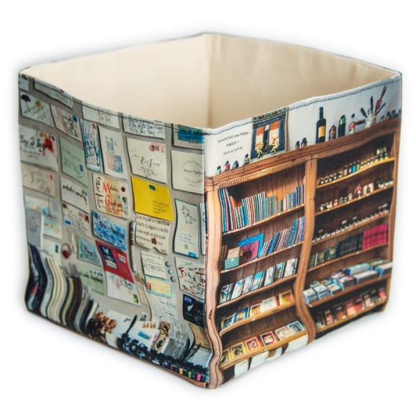Panier de rangement bureau Paris Boutique Mélodies graphiques calligraphies - vue dos côté fond blanc - Maron Bouillie