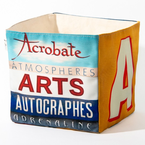 Decor alphabet box letter A - side 2 view words Acrobate, Arts  - Maron Bouillie Home goods basket made in France Decor alphabet box letter A - side 2 view words Acrobate, Arts  - Maron Bouillie Home goods basket made in France
