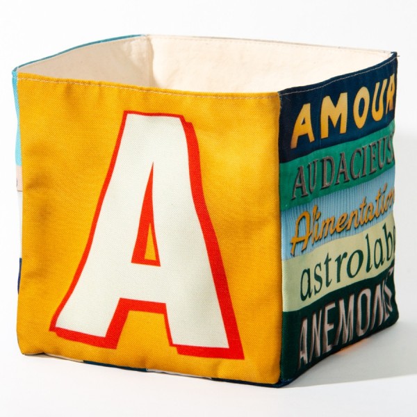 Alphabet letter box A - front view big white A on yellow back - Maron Bouillie Home goods basket made in France Alphabet letter box A - front view big white A on yellow back - Maron Bouillie Home goods basket made in France