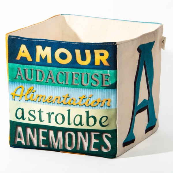 Alphabet fabric box letter A - side 1 view words Amour, Anémones  - Maron Bouillie Home goods basket made in France Alphabet fabric box letter A - side 1 view words Amour, Anémones  - Maron Bouillie Home goods basket made in France