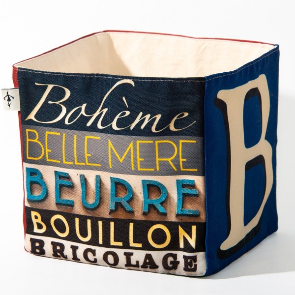 Alphabet fabric box letter B - side 1 view words Bohème, beurre  - Maron Bouillie Home goods basket made in France