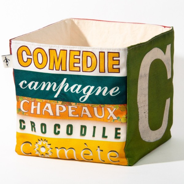 Decor alphabet box letter C - side 2 view words Comédie, Chapeaux  - Maron Bouillie Home goods basket made in France Decor alphabet box letter C - side 2 view words Comédie, Chapeaux  - Maron Bouillie Home goods basket made in France