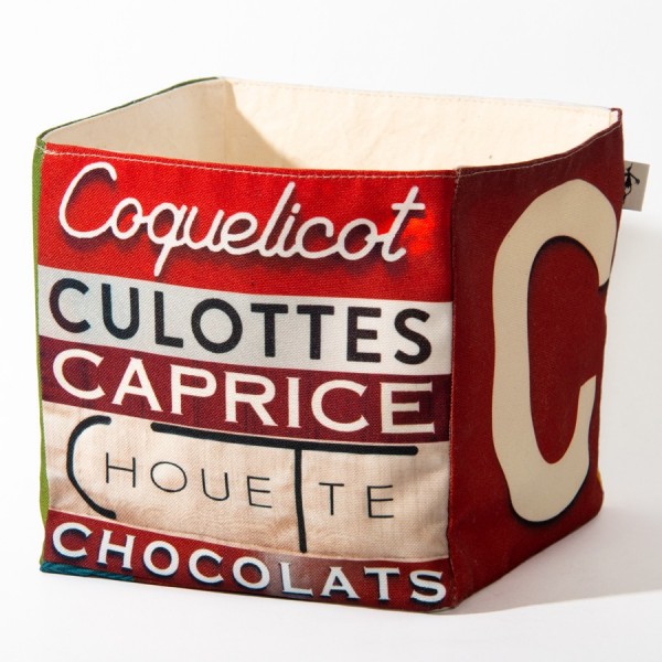 Alphabet fabric box letter C - side 1 view words Caprice, Chouette  - Maron Bouillie Home goods basket made in France Alphabet fabric box letter C - side 1 view words Caprice, Chouette  - Maron Bouillie Home goods basket made in France
