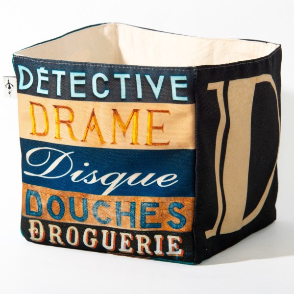 Alphabet fabric box letter D - side 1 view words Drame, Disque - Maron Bouillie Home goods basket made in France Alphabet fabric box letter D - side 1 view words Drame, Disque - Maron Bouillie Home goods basket made in France