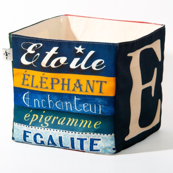 Panier de rangement alphabet lettre E - Vue côté 2 mots étoile, égalité  - Maron Bouillie made in France