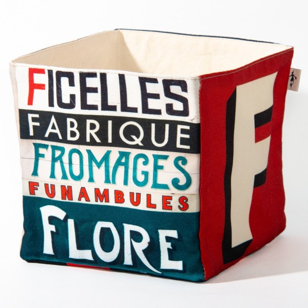 Decor alphabet box letter F - side 2 view words Flore, Fromages  - Maron Bouillie Home goods basket made in France