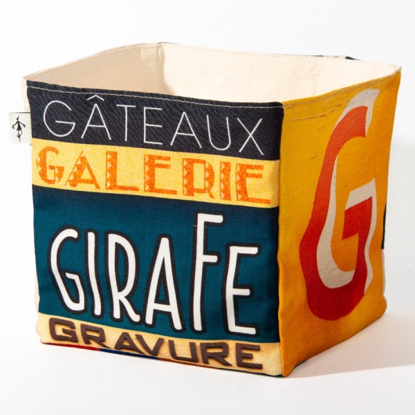 Alphabet fabric box letter G - side 1 view words gateaux, Girafe  - Maron Bouillie Home goods basket made in France Alphabet fabric box letter G - side 1 view words gateaux, Girafe  - Maron Bouillie Home goods basket made in France