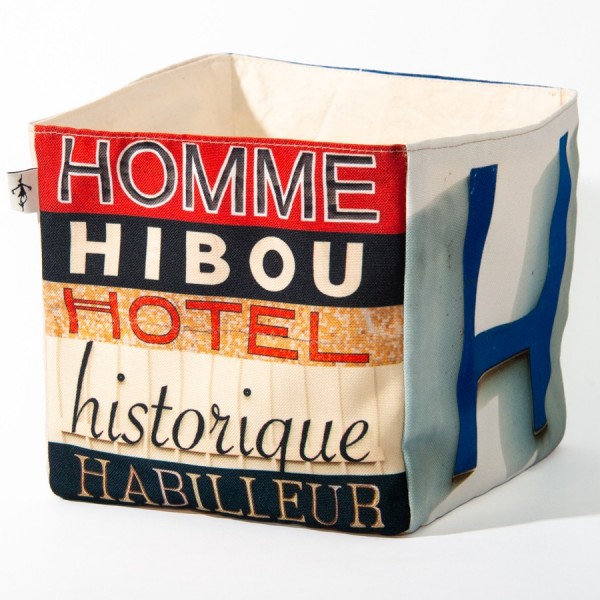 Alphabet fabric box letter H - side 1 view words Homme, Hibou  - Maron Bouillie Home goods basket made in France Alphabet fabric box letter H - side 1 view words Homme, Hibou  - Maron Bouillie Home goods basket made in France