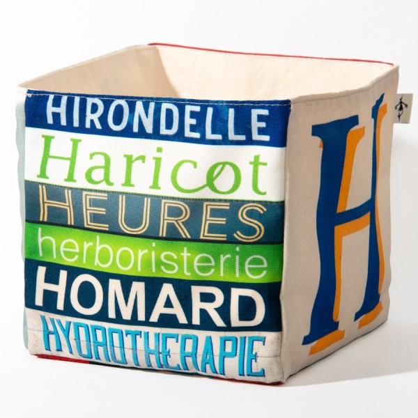 Decor alphabet box letter H - side 2 view words Haricot, Heures  - Maron Bouillie Home goods basket made in France Decor alphabet box letter H - side 2 view words Haricot, Heures  - Maron Bouillie Home goods basket made in France