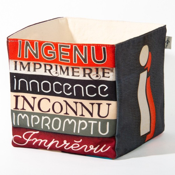 Alphabet fabric box letter I - side 1 view words Ingenu, Inconnu  - Maron Bouillie Home goods basket made in France