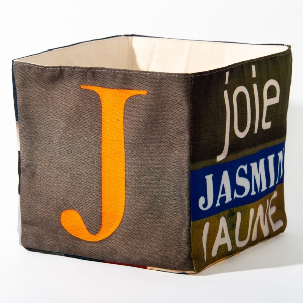 Alphabet letter box J - front view big yellow J on grey back - Maron Bouillie Home goods basket made in France Alphabet letter box J - front view big yellow J on grey back - Maron Bouillie Home goods basket made in France