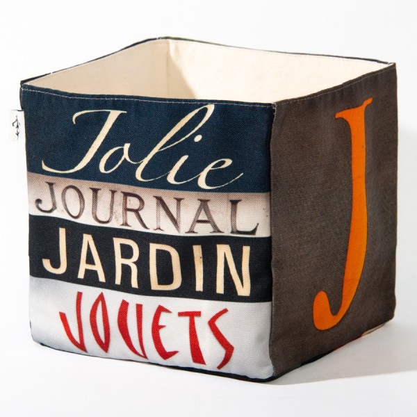 Decor alphabet box letter J - side 2 view words Jolie, Jardin - Maron Bouillie Home goods basket made in France Decor alphabet box letter J - side 2 view words Jolie, Jardin - Maron Bouillie Home goods basket made in France