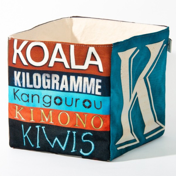 Panier de rangement alphabet lettre KQ - Vue côté 2 mots Koala, Kimono  - Maron Bouillie made in France