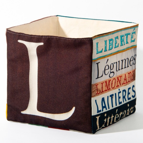 Alphabet letter box L - back view big white L on brun back - Maron Bouillie Home goods basket made in France