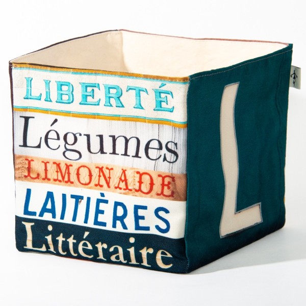 Decor alphabet box letter L - side 2 view words Liberté, Légumes  - Maron Bouillie Home goods basket made in France