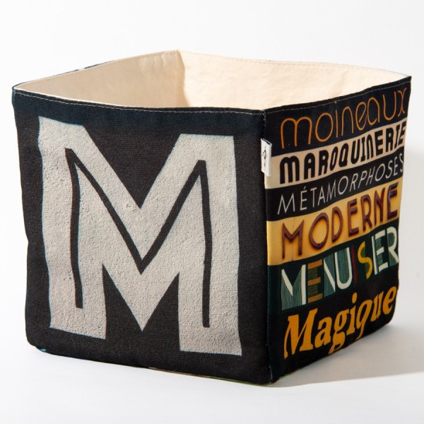 Alphabet letter box M - front view big white M on black back - Maron Bouillie Home goods basket made in France