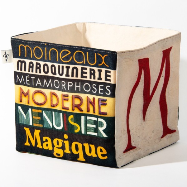 Alphabet fabric box letter M - side 1 view words Magique, Moderne  - Maron Bouillie Home goods basket made in France