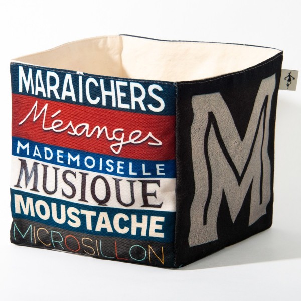 Decor alphabet box letter M - side 2 view words Musique, Moustache  - Maron Bouillie Home goods basket made in France