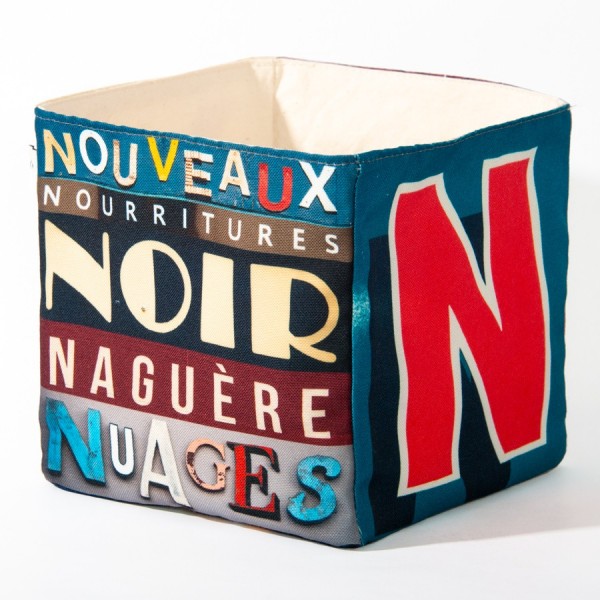 Alphabet fabric box letter N - side 1 view words Noir, Nuages  - Maron Bouillie Home goods basket made in France