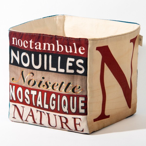 Decor alphabet box letter N - side 2 view words Nature, Nouilles  - Maron Bouillie Home goods basket made in France