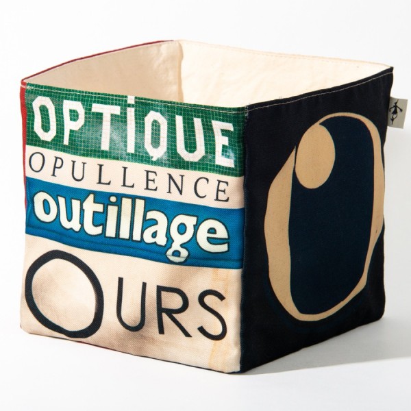 Alphabet fabric box letter O - side 1 view words Ours, Optique  - Maron Bouillie Home goods basket made in France Alphabet fabric box letter O - side 1 view words Ours, Optique  - Maron Bouillie Home goods basket made in France
