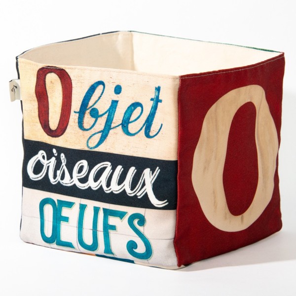 Decor alphabet box letter O - side 2 view words Objet, Oeufs  - Maron Bouillie Home goods basket made in France Decor alphabet box letter O - side 2 view words Objet, Oeufs  - Maron Bouillie Home goods basket made in France