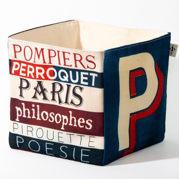 Panier de rangement alphabet lettre P - Vue côté 2 mots Paris, Poésie  - Maron Bouillie made in France