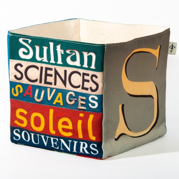 Alphabet fabric box letter SA - side 2 view words Soleil, Sultan  - Maron Bouillie Home goods basket made in Franc Alphabet fabric box letter SA - side 2 view words Soleil, Sultan  - Maron Bouillie Home goods basket made in Franc