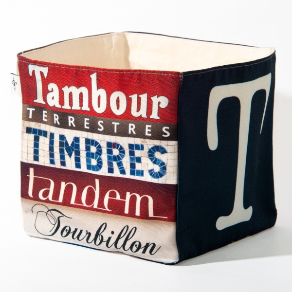 Alphabet fabric box letter T - side 1 view words Timbres, Tambour  - Maron Bouillie Home goods basket made in France