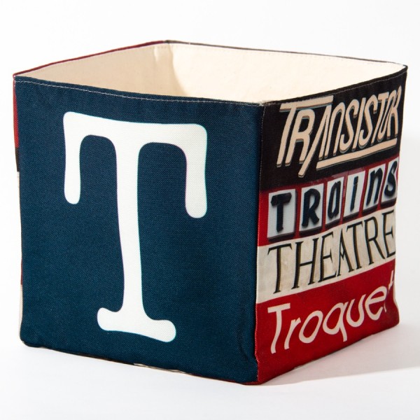 Alphabet letter box T - back view big white T on dark blue back - Maron Bouillie Home goods basket made in France