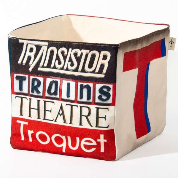 Alphabet fabric box letter T - side 2 view words Théâtre, Trains  - Maron Bouillie Home goods basket made in France