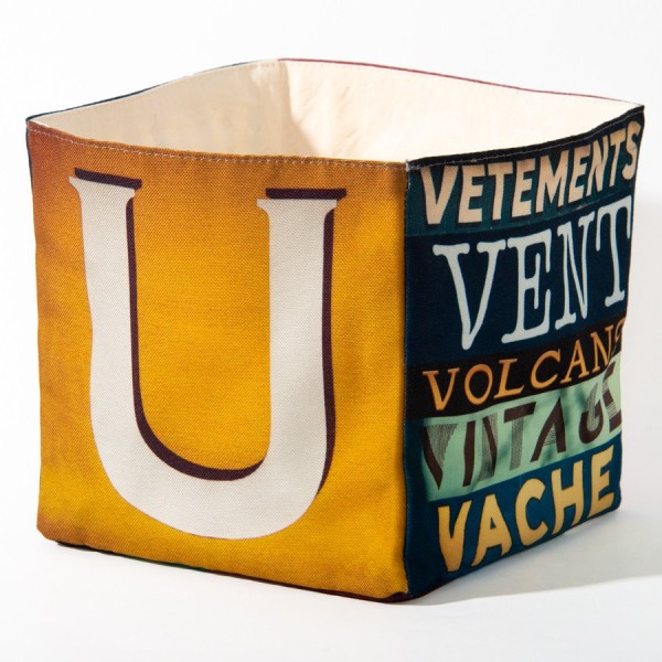 Alphabet letter box UV - front view big white U on yellow back - Maron Bouillie Home goods basket made in France Alphabet letter box UV - front view big white U on yellow back - Maron Bouillie Home goods basket made in France