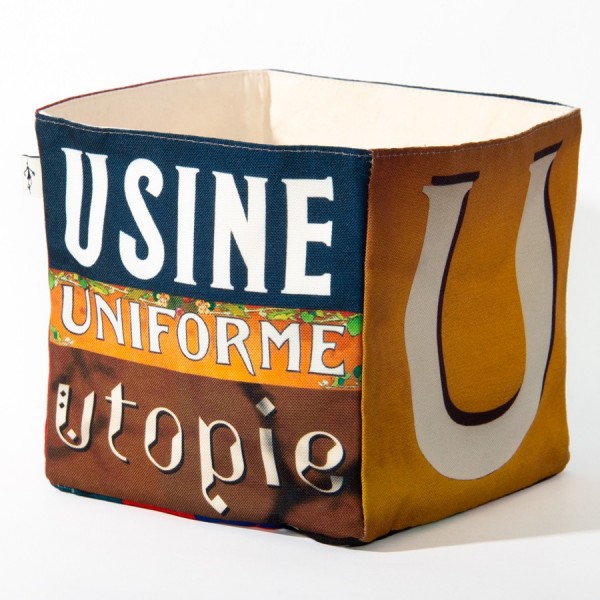 Boite de rangement deco lettre UV - Vue côté 1 mots Usine, Utopie  - Maron Bouillie made in France
