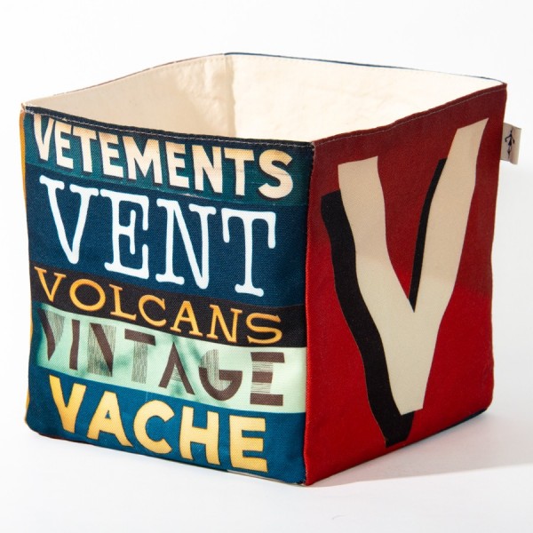 Alphabet fabric box letter UV - side 2 view words Vintage, vent  - Maron Bouillie Home goods basket made in France Alphabet fabric box letter UV - side 2 view words Vintage, vent  - Maron Bouillie Home goods basket made in France