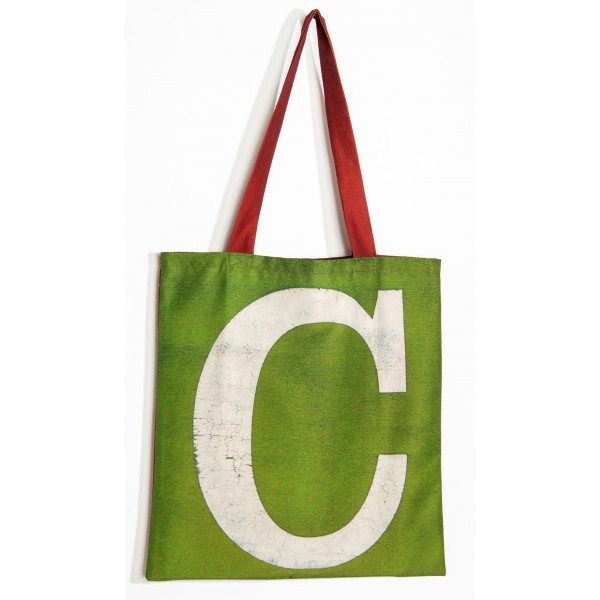 Sac initiale C - vue de face grand C blanc fond vert - Sac personnalisé Maron Bouillie made in france