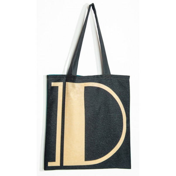Sac initiale D - vue de face grand D Doré fond gris foncé - Sac personnalisé Maron Bouillie made in france