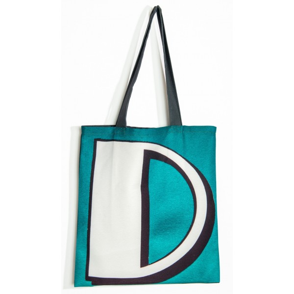 Sac initiale D - vue de dos grand D blanc fond turquoise - Sac personnalisé Maron Bouillie made in france