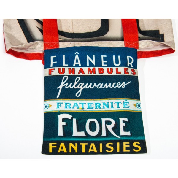 F Initial bag inside pocket printed with French words Flore, Fantaisie - Maron Bouillie letter tote bag