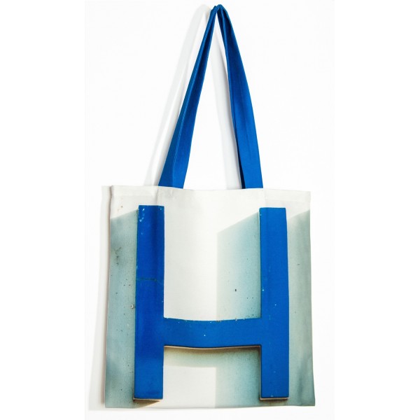 Letter bag H - front view big blue H on white back - Maron Bouillie french tote bag Personalized - made in France