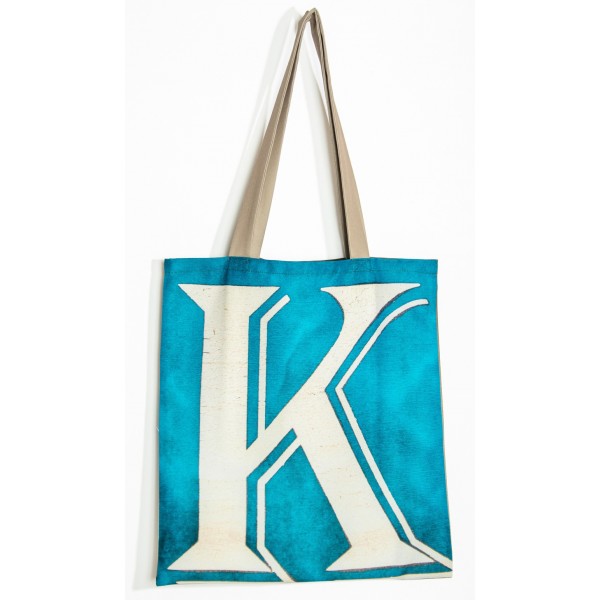 Letter bag KQ - front view big white K on turquoise back - Maron Bouillie french tote bag Personalized - made in France