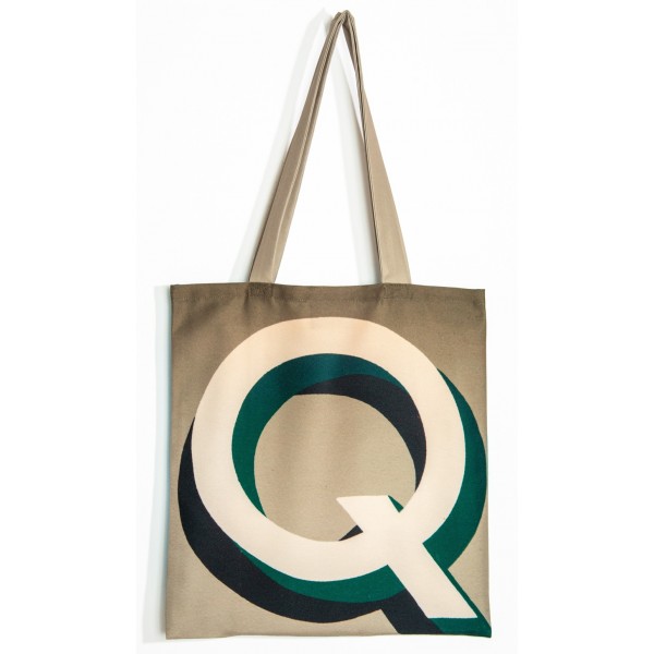 KQ Letter bag - back view big white and green Q on beige back - Maron Bouillie french bag Personalized - made in France