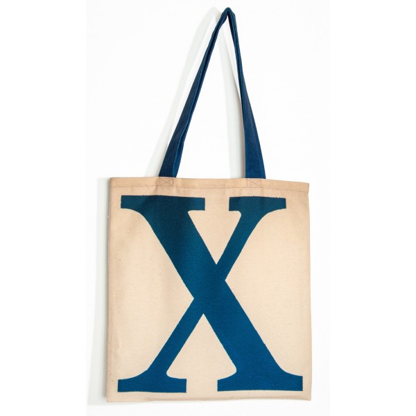 WX Letter bag - back view big blue X on beige back - Maron Bouillie french bag Personalized - made in France