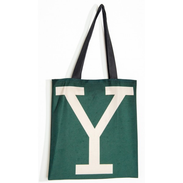 Sac initiale YZ - vue de face grand Y blanc fond vert - Sac personnalisé Maron Bouillie made in france